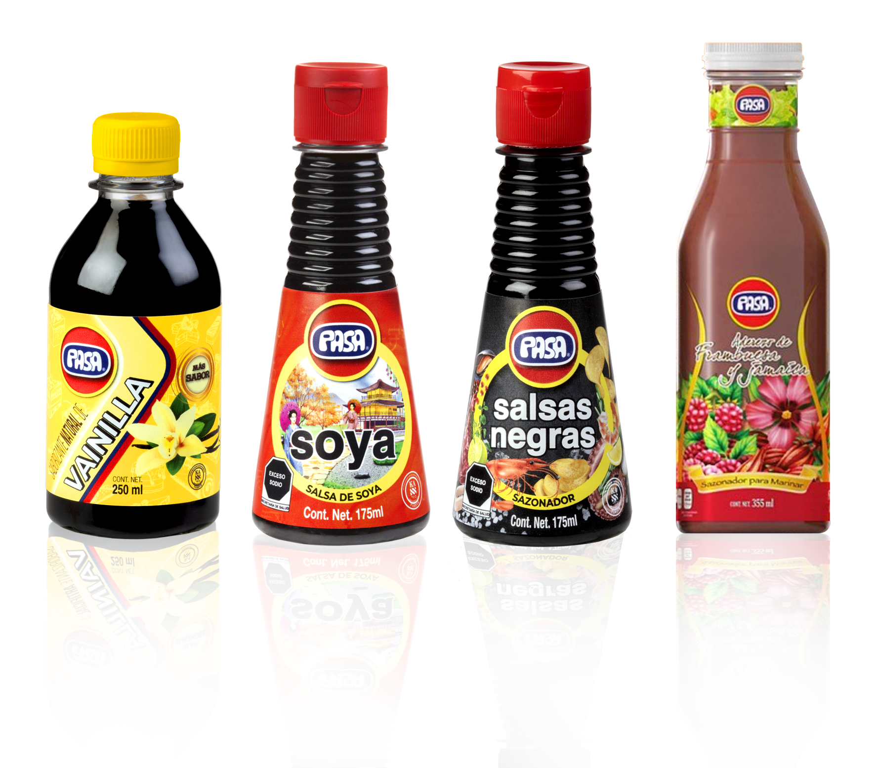 Botellas PASA: vainilla, soya, salsas negras y aderezo de frambuesa y jamaica