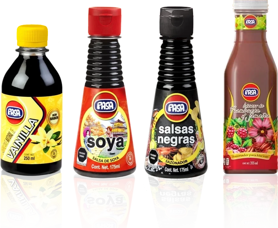 Botellas PASA: vainilla, soya, salsas negras y aderezo de frambuesa y jamaica