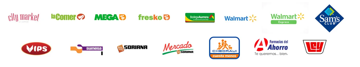 Cadenas donde se venden los productos PASA: City Market, La Comer, MEGA, Fresko, Bodega Aurrera, Walmart, Sam's Club, VIPS, Sumesa, Soriana, Chedraui, Farmacias del Ahorro, Casa Ley